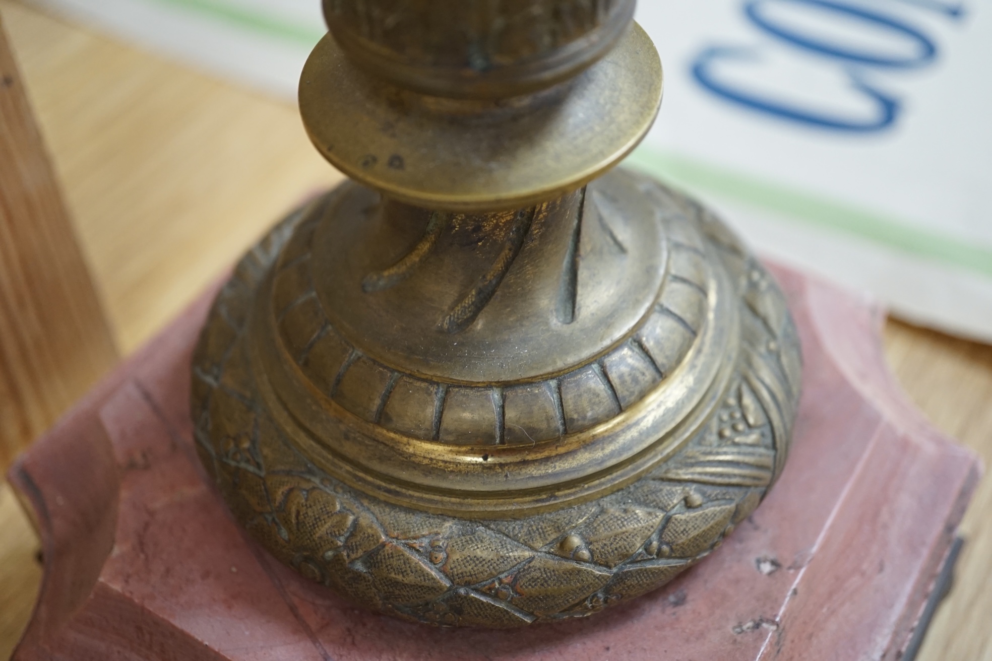 A Corinthian column rouge marble and bronze lamp base, 53cm high overall. Condition - fair